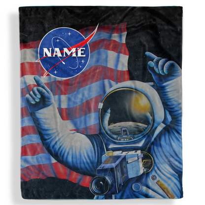 American astronaut personalized throw blanket with custom name in patriotic space design
