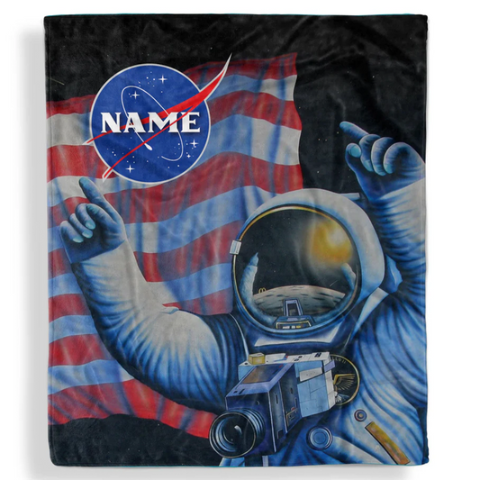 American astronaut personalized throw blanket with custom name in patriotic space design
