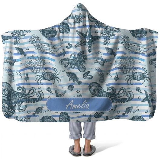 sealife personalized hooded fleece blanket with custom name in vibrant ocean design
