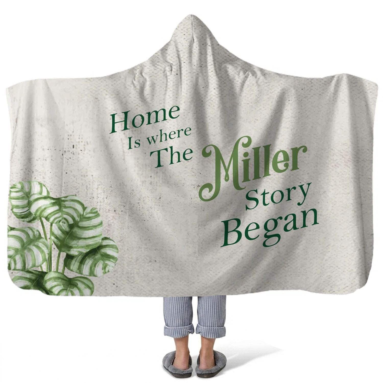 family name personalized hooded fleece blanket with custom name in warm family design
