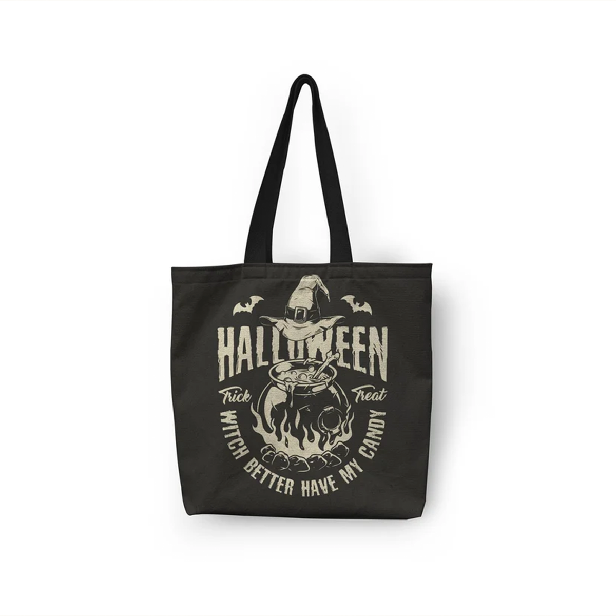 Midnight mischief Halloween tote bag with custom name in retro spooky ghost design
