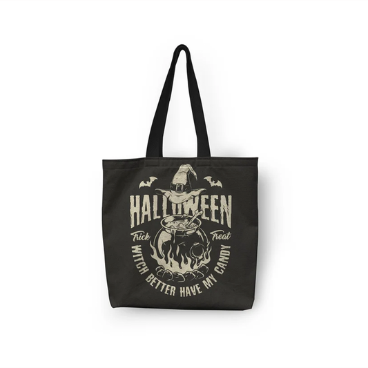 Midnight mischief Halloween tote bag with custom name in retro spooky ghost design
