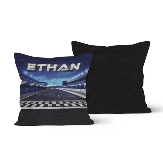 Custom Racetrack Throw Pillow | Personalized Name Gift for Racing Fans and Kids
