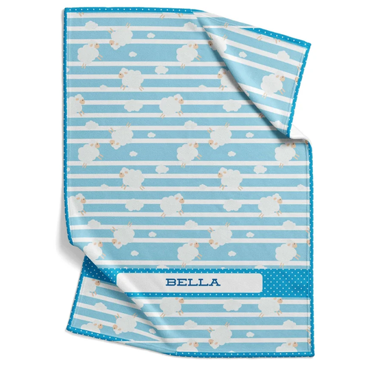 Sky sheep baby blanket personalized with custom name in soft blue fleece design
