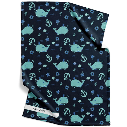Blue Sea Creature Baby Blanket | Personalized Whale and Ocean Fleece Gift for Baby Shower