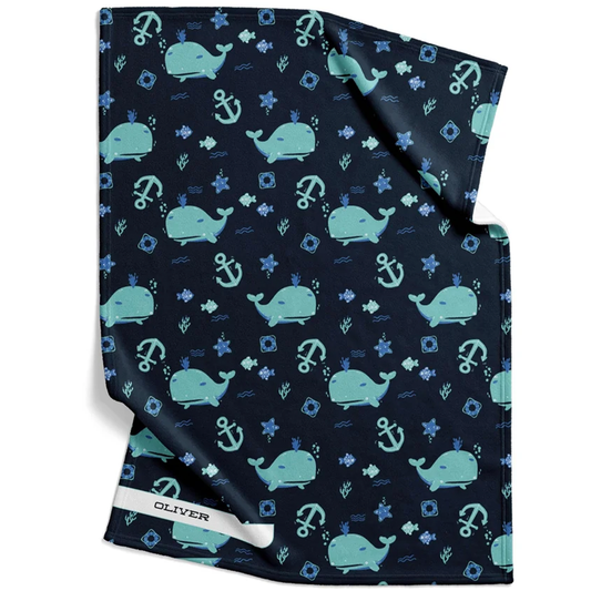 Blue Sea Creature Baby Blanket | Personalized Whale and Ocean Fleece Gift for Baby Shower