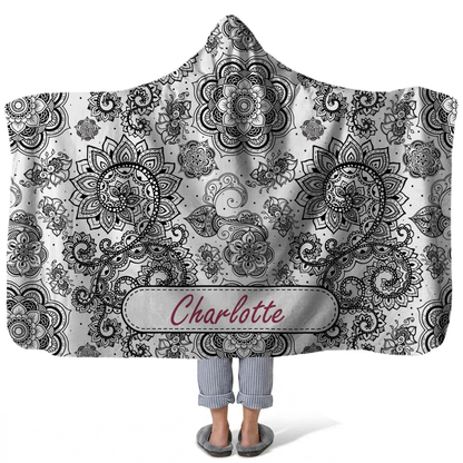 muted boho personalized hooded fleece blanket with custom name in understated boho design
