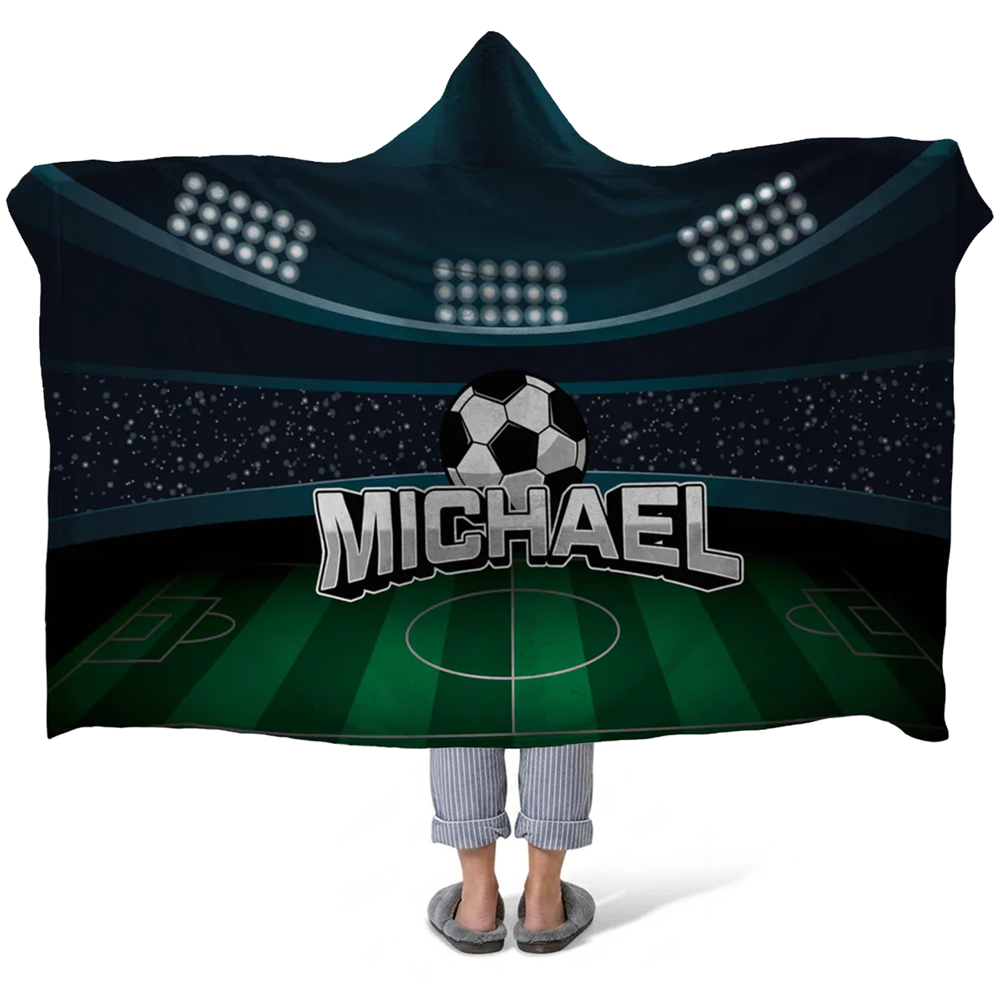 Soccer stadium personalized hooded fleece blanket with custom name for fans
