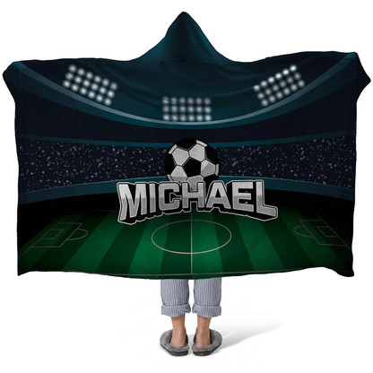 Soccer stadium personalized hooded fleece blanket with custom name for fans
