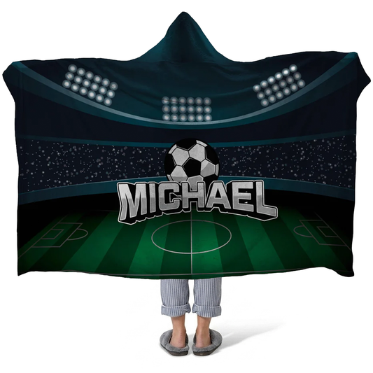 Soccer stadium personalized hooded fleece blanket with custom name for fans
