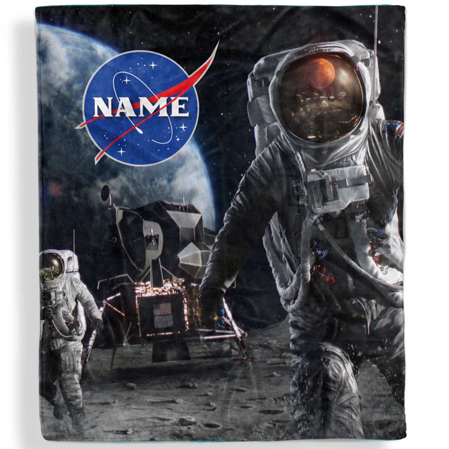 Man on the moon personalized throw blanket with custom name in bold astronomy design
