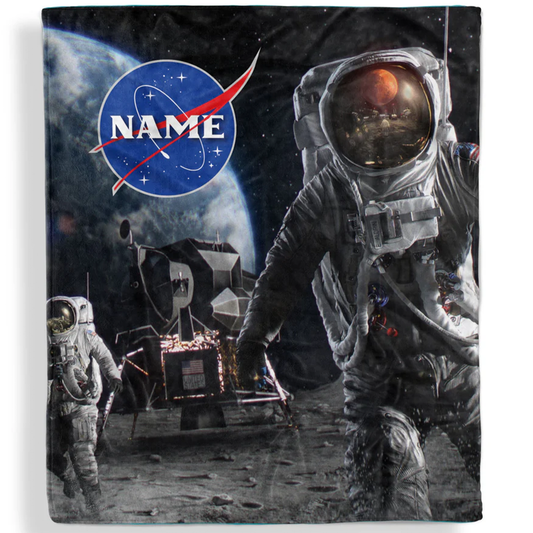 Man on the moon personalized throw blanket with custom name in bold astronomy design
