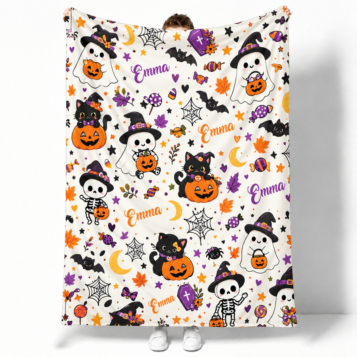 Personalized Halloween Name Throw Blanket for Kids | Custom Ghost & Pumpkin Throw