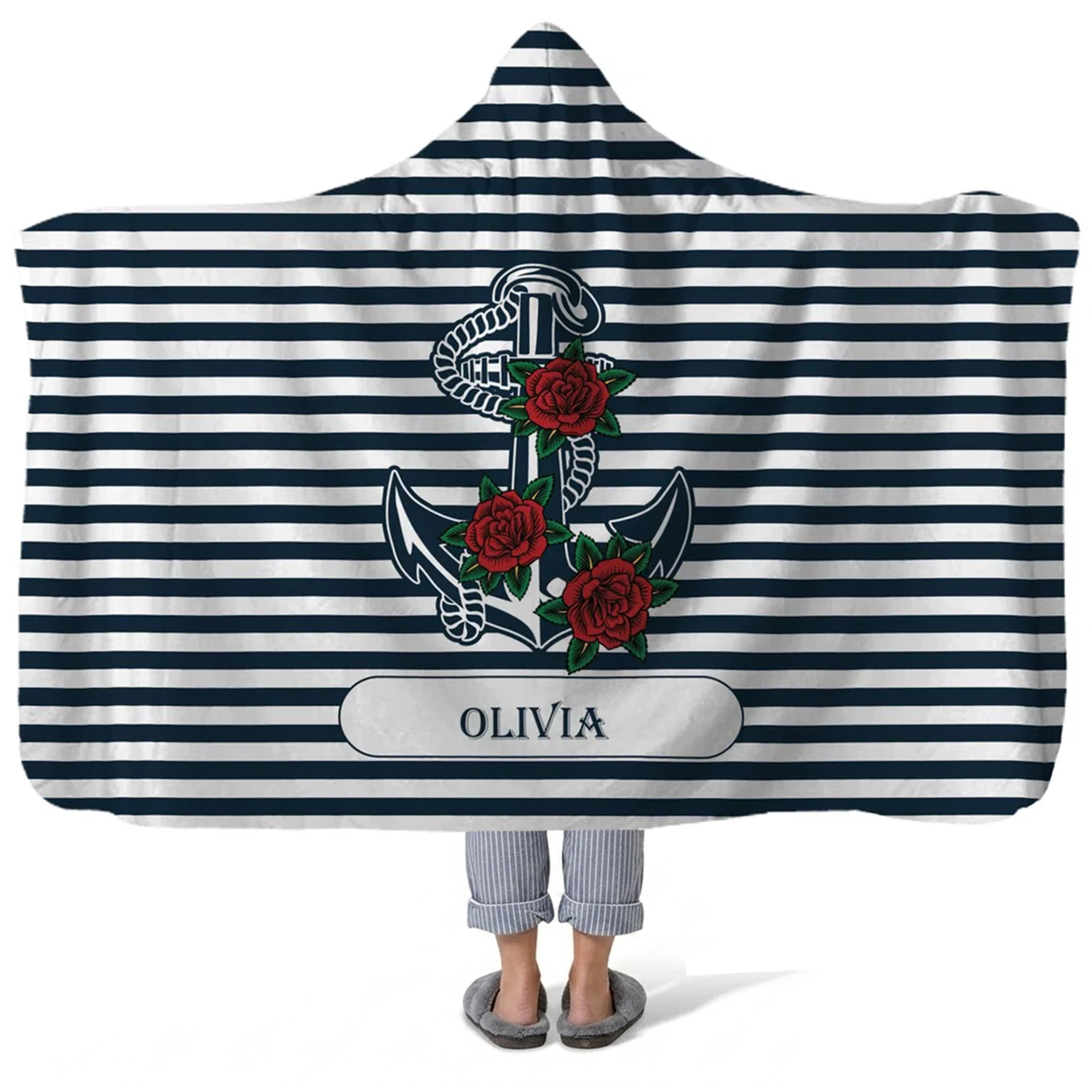 open sails personalized hooded fleece blanket with custom name in bold nautical sailing design

