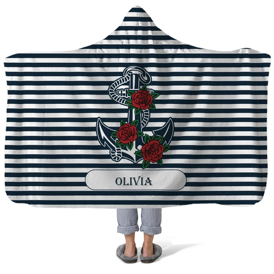 open sails personalized hooded fleece blanket with custom name in bold nautical sailing design
