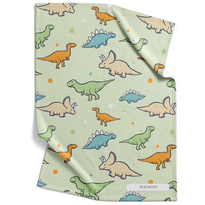 Dinosaur baby blanket personalized with custom name in colorful fleece for baby boys
