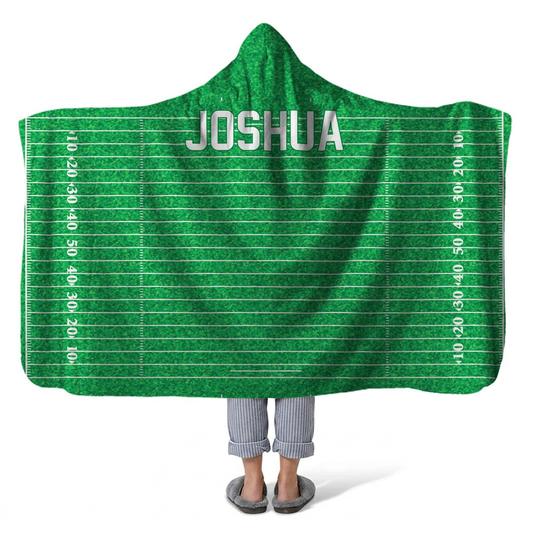 Football field personalized hooded fleece blanket with custom name for fans and players
