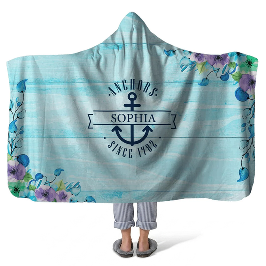Nautical anchor and flowers personalized hooded blanket with custom name for ocean lovers
