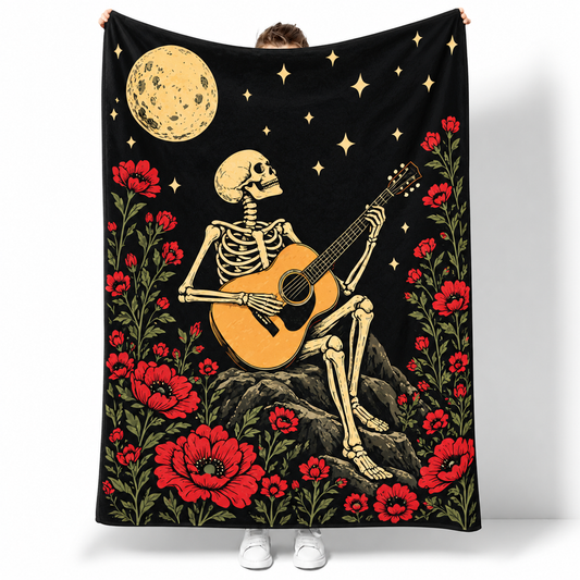 Skeleton Guitar Halloween Throw Blanket | Gothic Floral Music Decor Gift