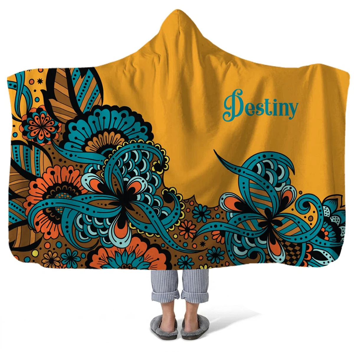 poppin paisley personalized hooded fleece blanket with custom name in vibrant paisley design
