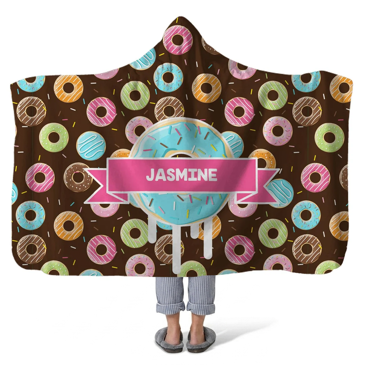 donutz personalized hooded fleece blanket with custom name in fun sweet design

