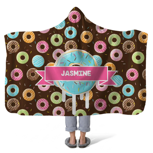 donutz personalized hooded fleece blanket with custom name in fun sweet design
