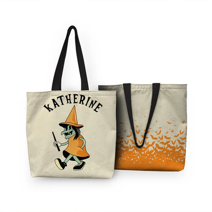 Halloween witch personalized tote bag with custom name in retro spooky design for kids

