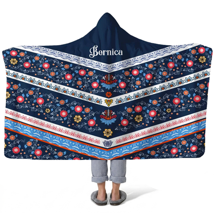 regal farm house personalized hooded fleece blanket with custom name in warm farmhouse design
