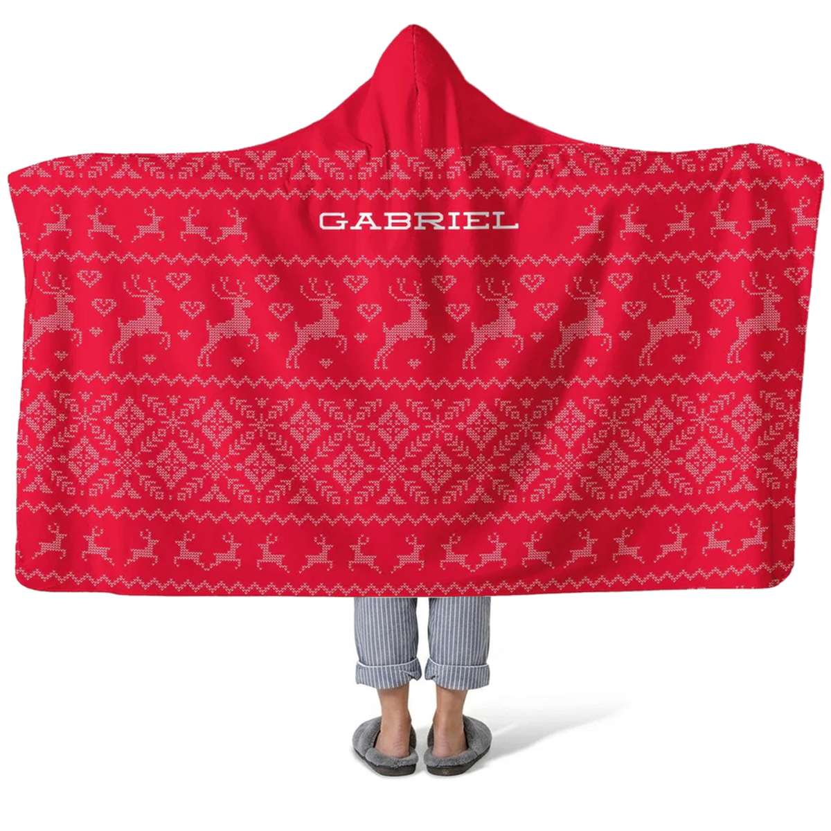 Red Christmas sweater personalized hooded fleece blanket with custom name for holidays
