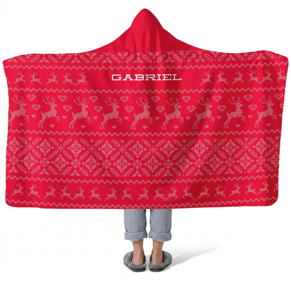 Red Christmas sweater personalized hooded fleece blanket with custom name for holidays
