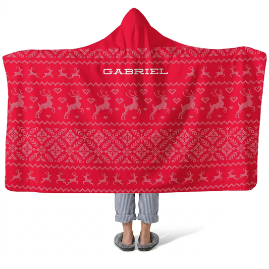Red Christmas sweater personalized hooded fleece blanket with custom name for holidays
