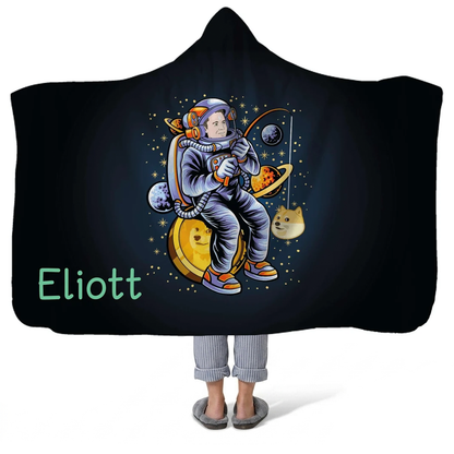 Dogecoin Elon fishing personalized hooded fleece blanket with custom name for crypto fans
