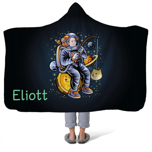 Dogecoin Elon fishing personalized hooded fleece blanket with custom name for crypto fans
