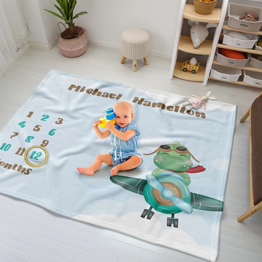 Baby dinosaur milestone blanket personalized with custom name for baby boy shower gift
