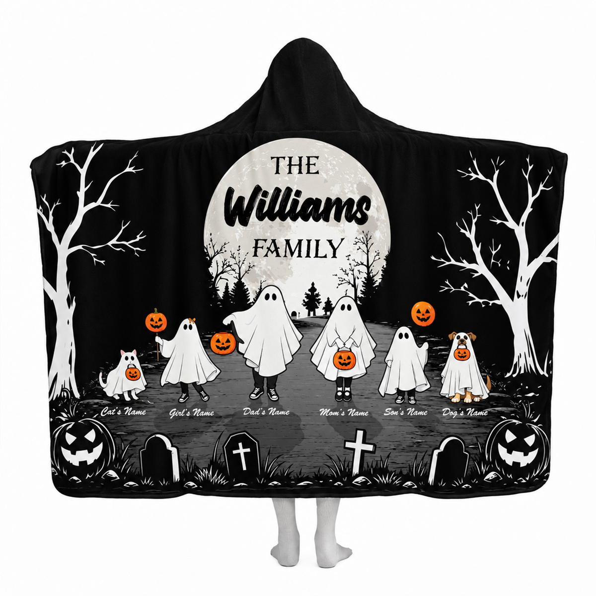 Personalized Halloween Family Hooded Blanket | Custom Name Ghost Design