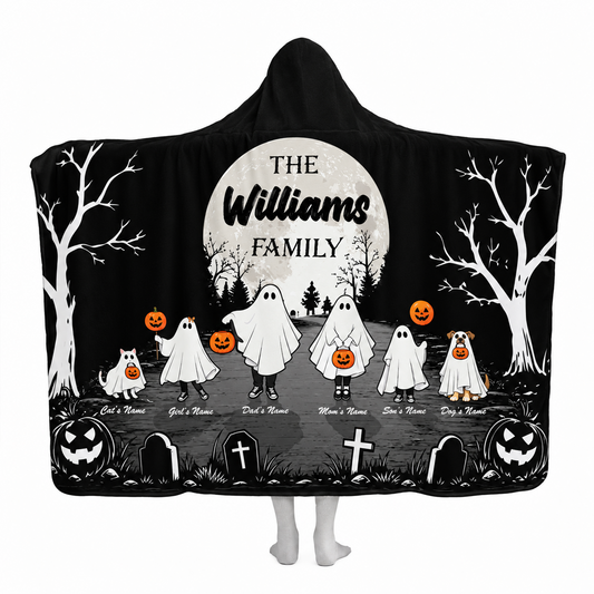 Personalized Halloween Family Hooded Blanket | Custom Name Ghost Design