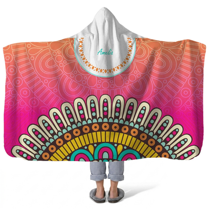 sunrise personalized hooded fleece blanket with custom name in retro boho design

