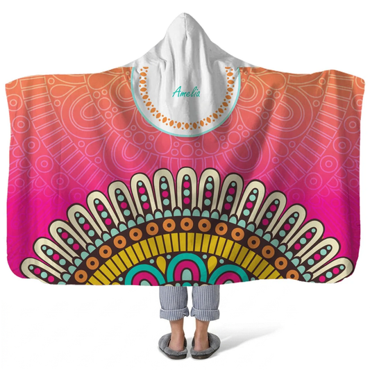 sunrise personalized hooded fleece blanket with custom name in retro boho design

