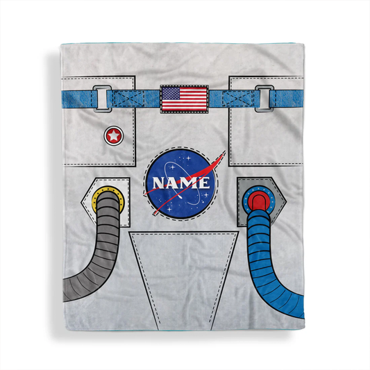 Astronaut suit personalized throw blanket with custom name in fun space fleece design
