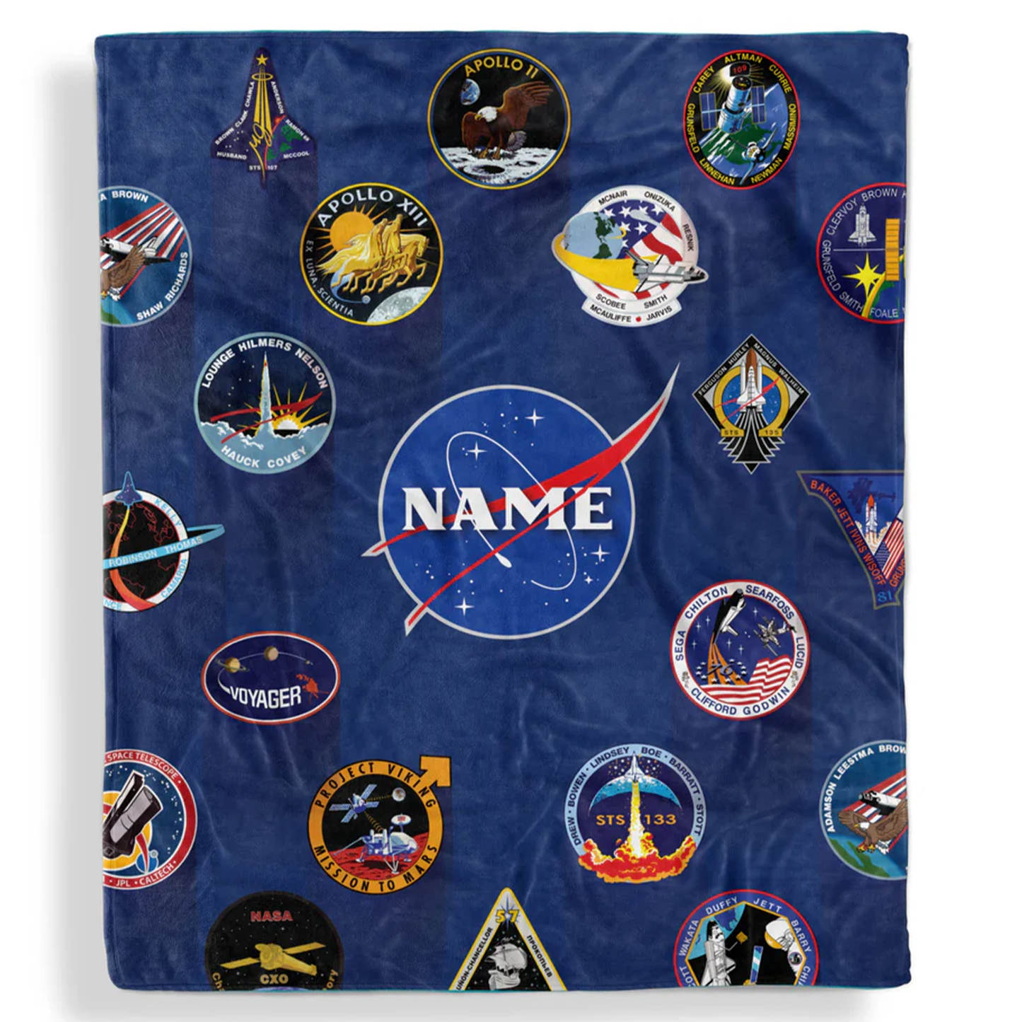 Space mission patch personalized throw blanket with custom name in NASA inspired design

