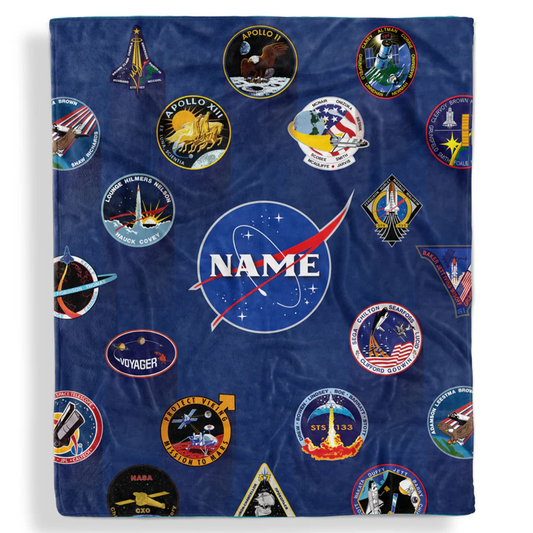 Space mission patch personalized throw blanket with custom name in NASA inspired design
