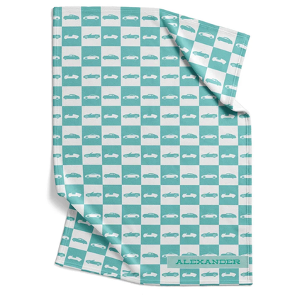Race car baby blanket personalized with custom name in vintage racing fleece for boys
