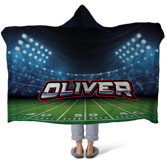 Football stadium personalized hooded fleece blanket with custom name for fans
