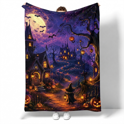 Haunted village Halloween throw blanket in bold spooky polyester fleece for fall home decor
