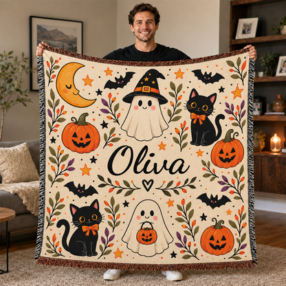 Ghost Pumpkin Personalized Halloween Woven Throw Blanket | Custom Name Gift for Kids & Adults