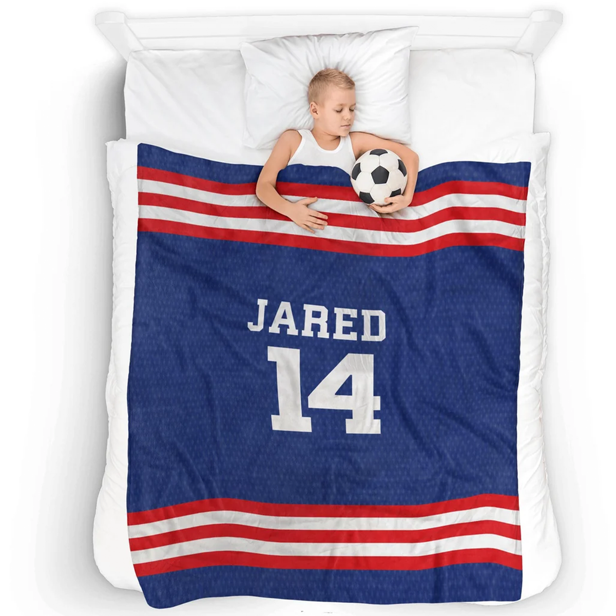 Sports fan wrapped in custom jersey throw blanket as birthday end of season gift
