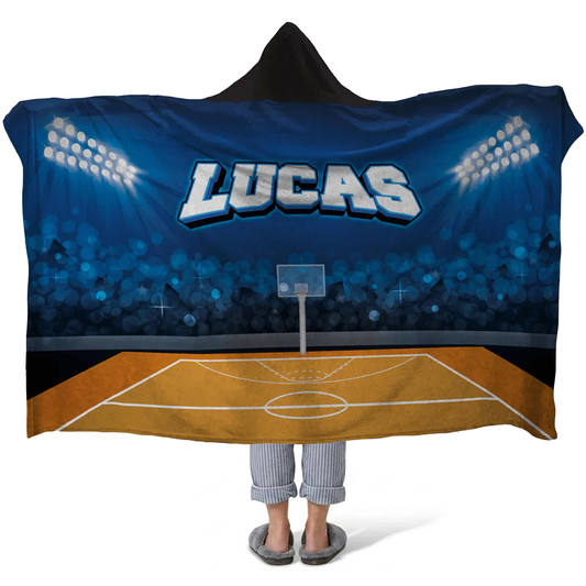Basketball stadium personalized hooded fleece blanket with custom name for fans
