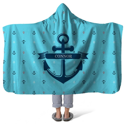 bluepeter personalized hooded fleece blanket with custom name in bold nautical design
