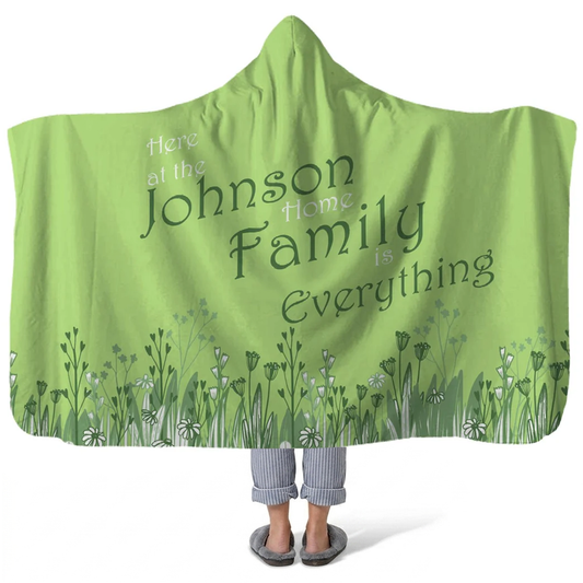 Green family last name personalized hooded fleece blanket with custom family name
