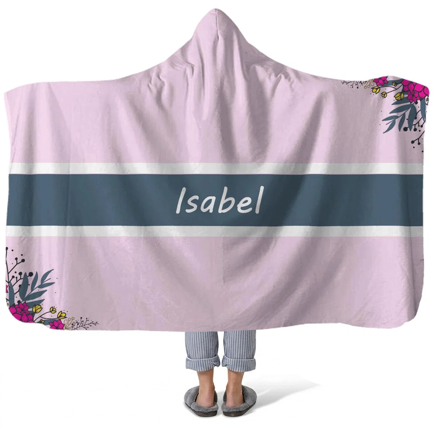 pink peddling personalized hooded fleece blanket with custom name in sweet pink design
